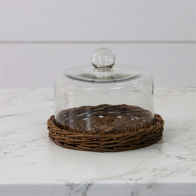 Glass Dome With Wicker Tray 8" Diameter