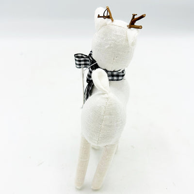Little Deer With Christmas White and Black Plaid Scarf Fabric Figure