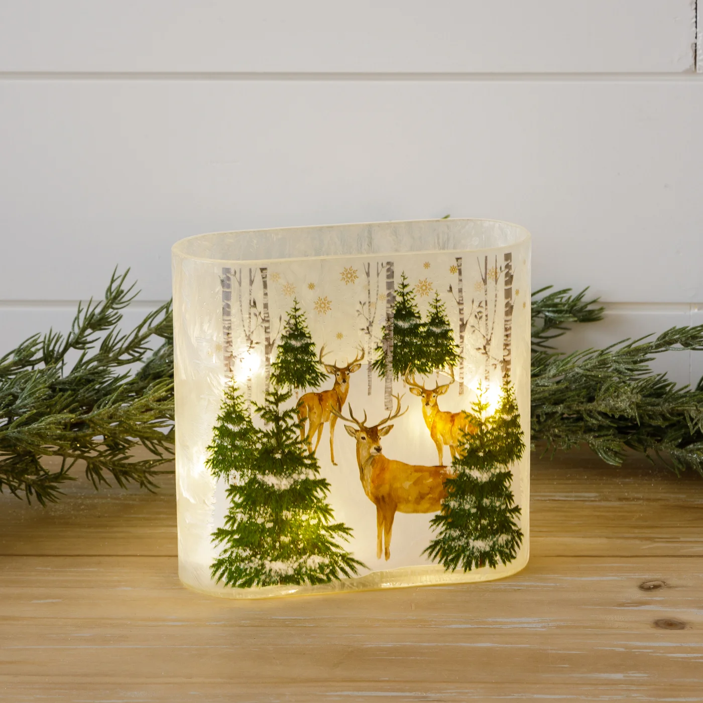 Deer in Forest Square Frosted Glass Luminary Battery Powered