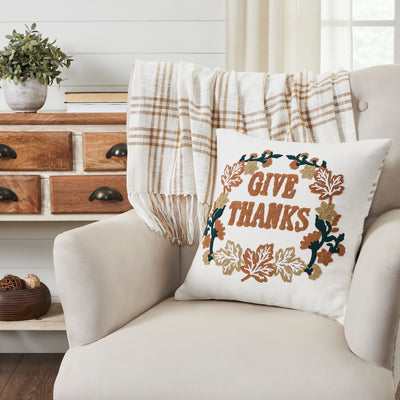 Wheat Plaid Give Thanks Pillow 18'' x 18''