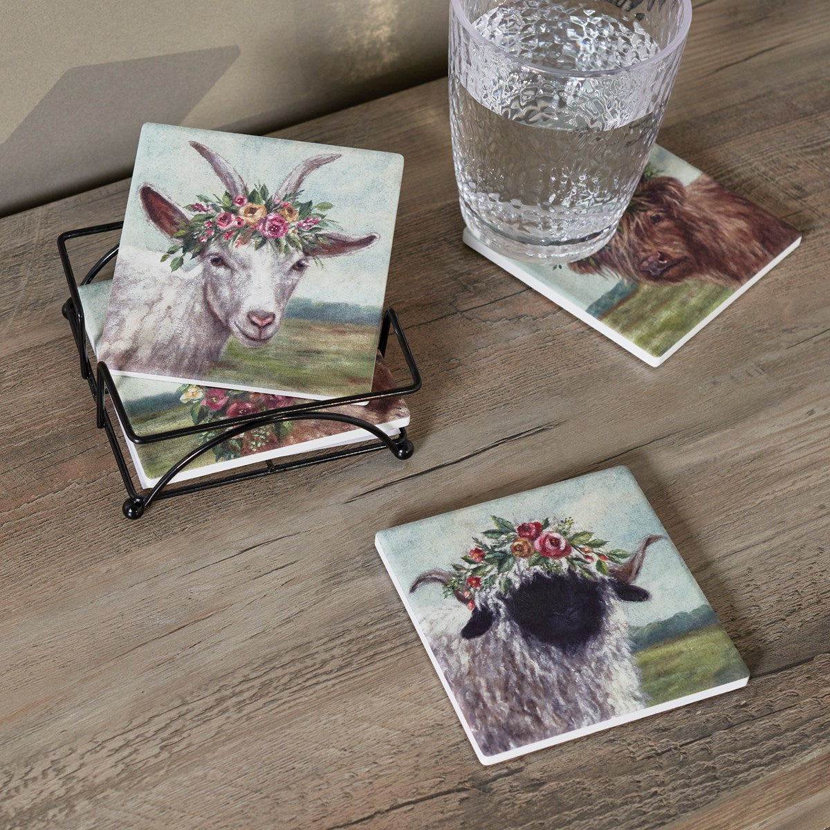 Set of 4 Floral Crown Farmhouse Animal Coaster Set