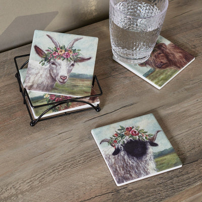 Set of 4 Floral Crown Farmhouse Animal Coaster Set