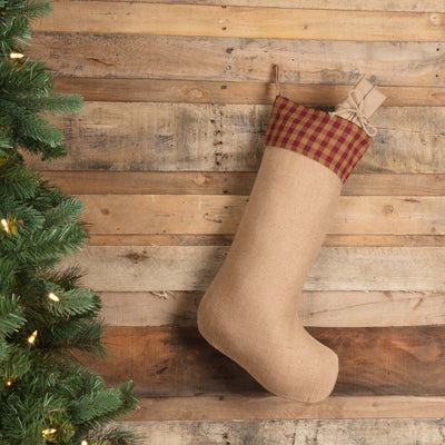 Burgundy Check Jute Christmas Stocking 20" H