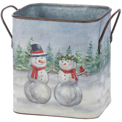 Set of 2 Snow Family Snowmen Winter Scene Metal Bins