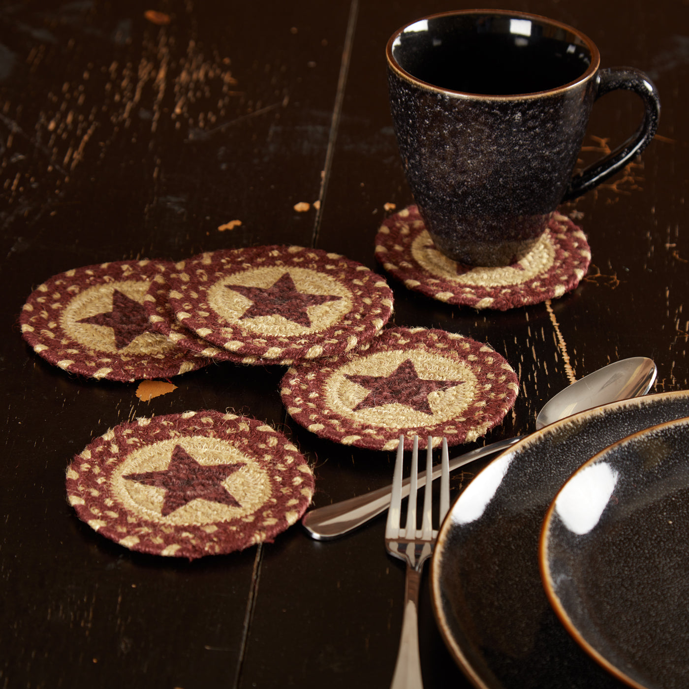 Set of 6 Burgundy Tan Jute Stencil Star Coasters