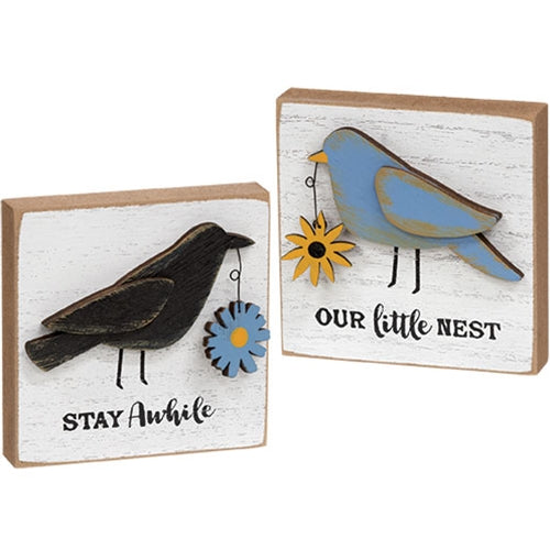 💙 Stay Awhile and Our Little Nest Set of 2 Layered Bird 4" Wood Blocks