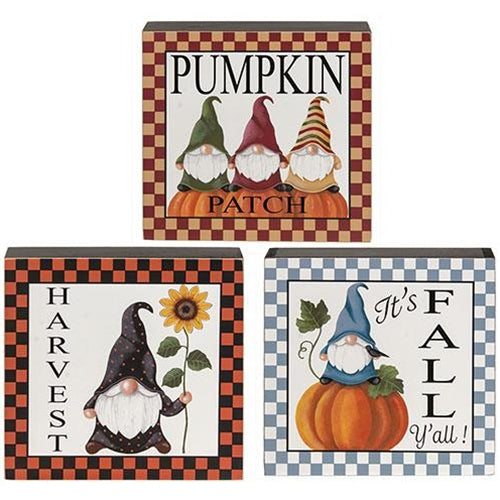 Set of 3 Fall Gnome Checkered 7.75" Box Signs