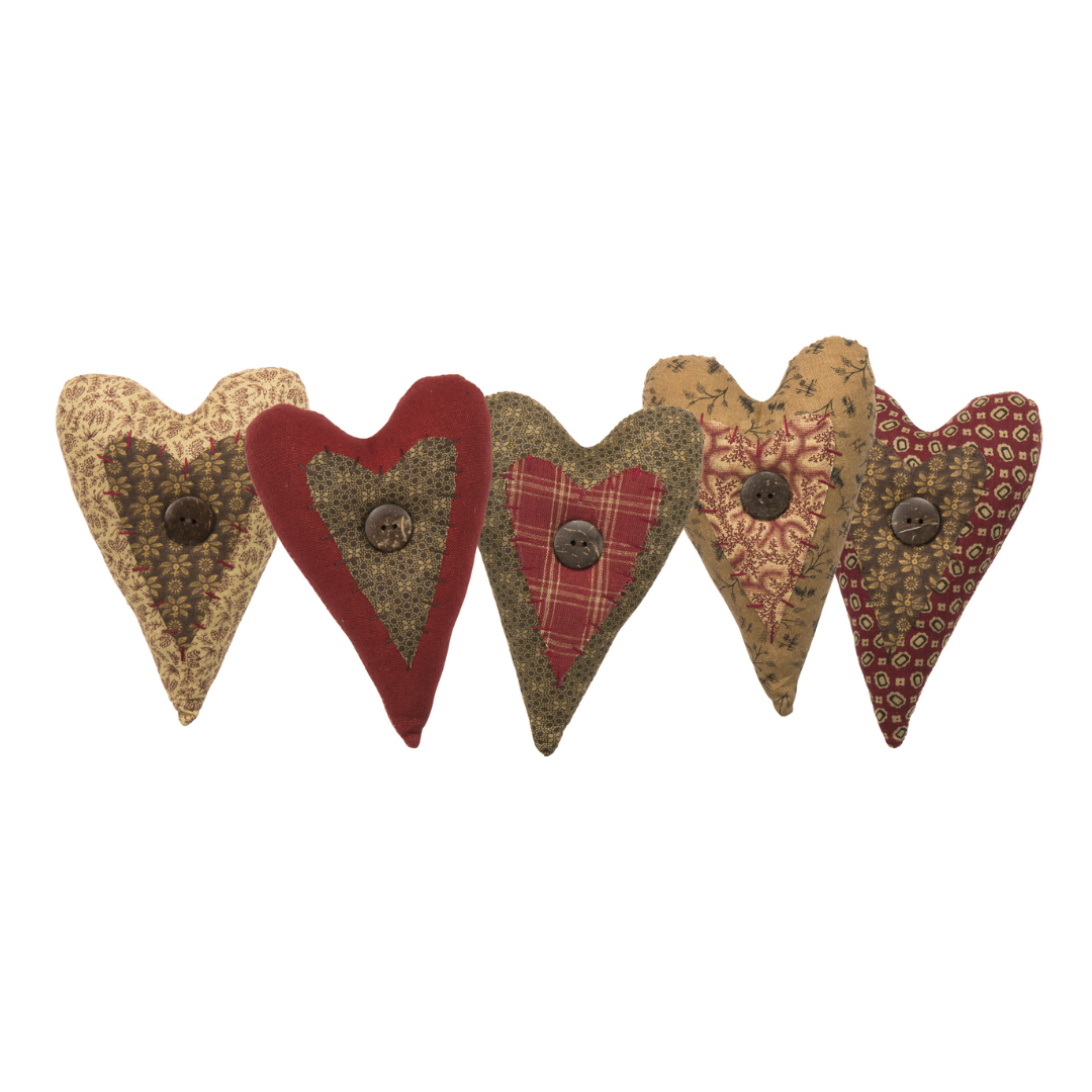 Set of 5 Romantic Fabric Hearts 6" H