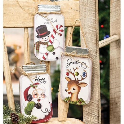 Set of 3 Retro Santa Deer Snowman Mason Jar Shaped 8" H Hangers