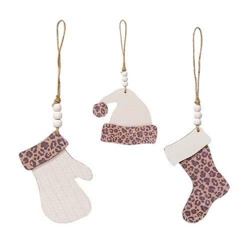 Set of 3 Cheetah Print Hat Stocking and Mitten Ornaments