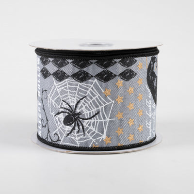 💙 Retro Halloween Spiders Skull Witch on Grey Ribbon 2.5" x 10 yards