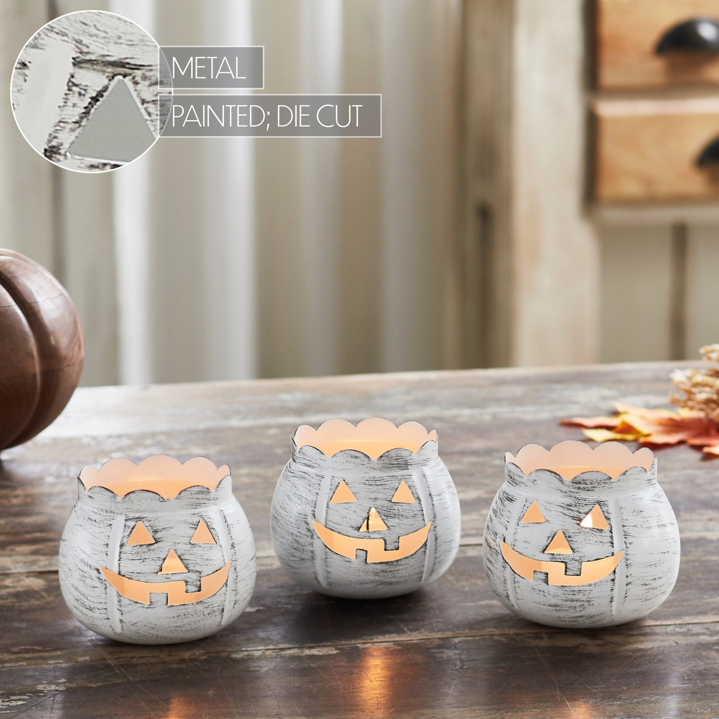Set of 3 Jack-O-Lantern Distressed White Candle Holders