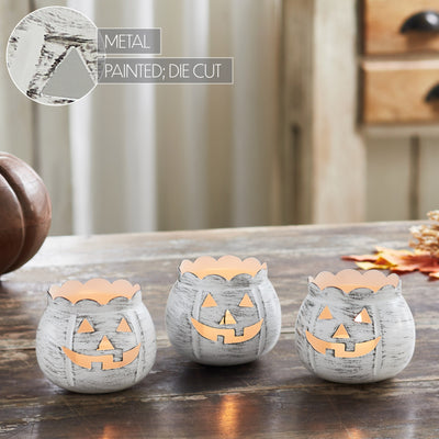 Set of 3 Jack-O-Lantern Distressed White Candle Holders