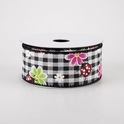 💙 Daisies and Ladybugs on Black & White Gingham Ribbon 1.5" x 10 Yards