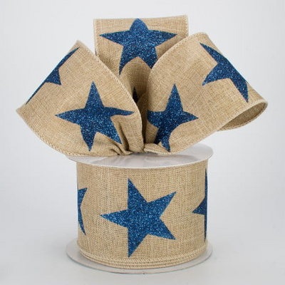 💙 Bold Navy Glitter Star on Beige Ribbon 2.5" x 10 yards