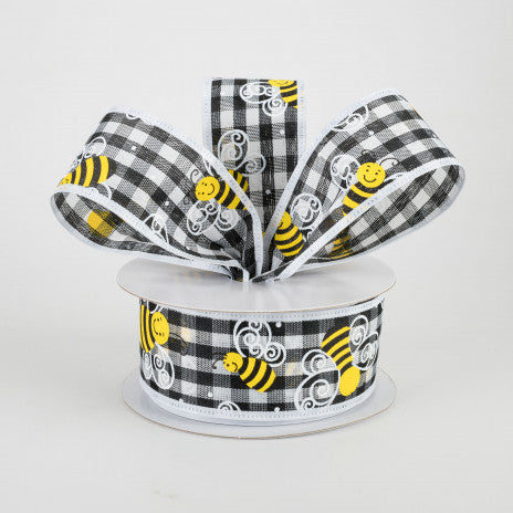 Gingham Bee Ribbon With White Edge 1.5" x 10 Yards