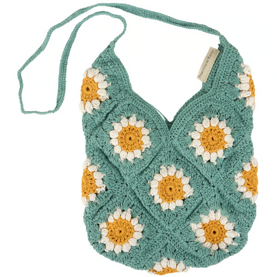 Boho Teal Crochet Shoulder Bag with Daisy Pattern