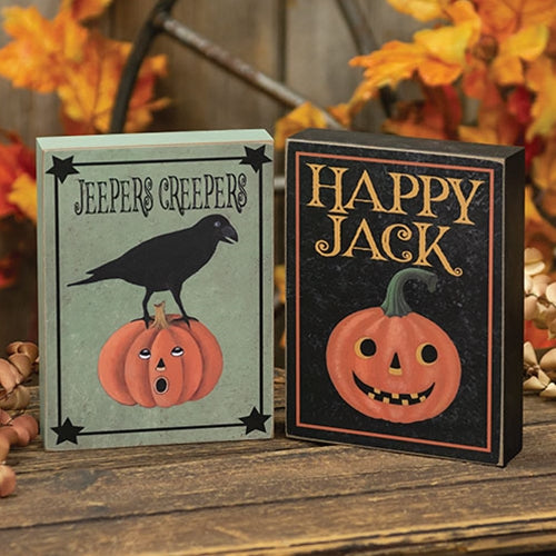 Set of 2 Happy Jack and Jeepers Creepers Retro Halloween Box Signs