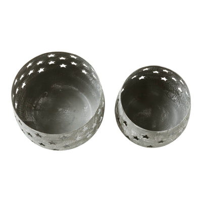 Set of 2 Starbright Distressed Gray Metal Candle Holders