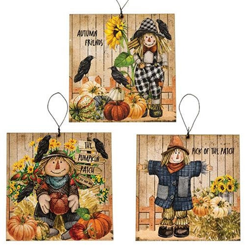 Set of 3 Scarecrow & Friends Square Ornaments