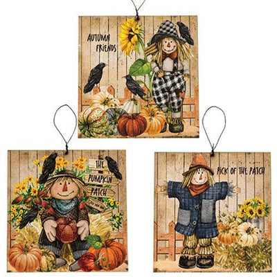 Set of 3 Scarecrow & Friends Square Ornaments
