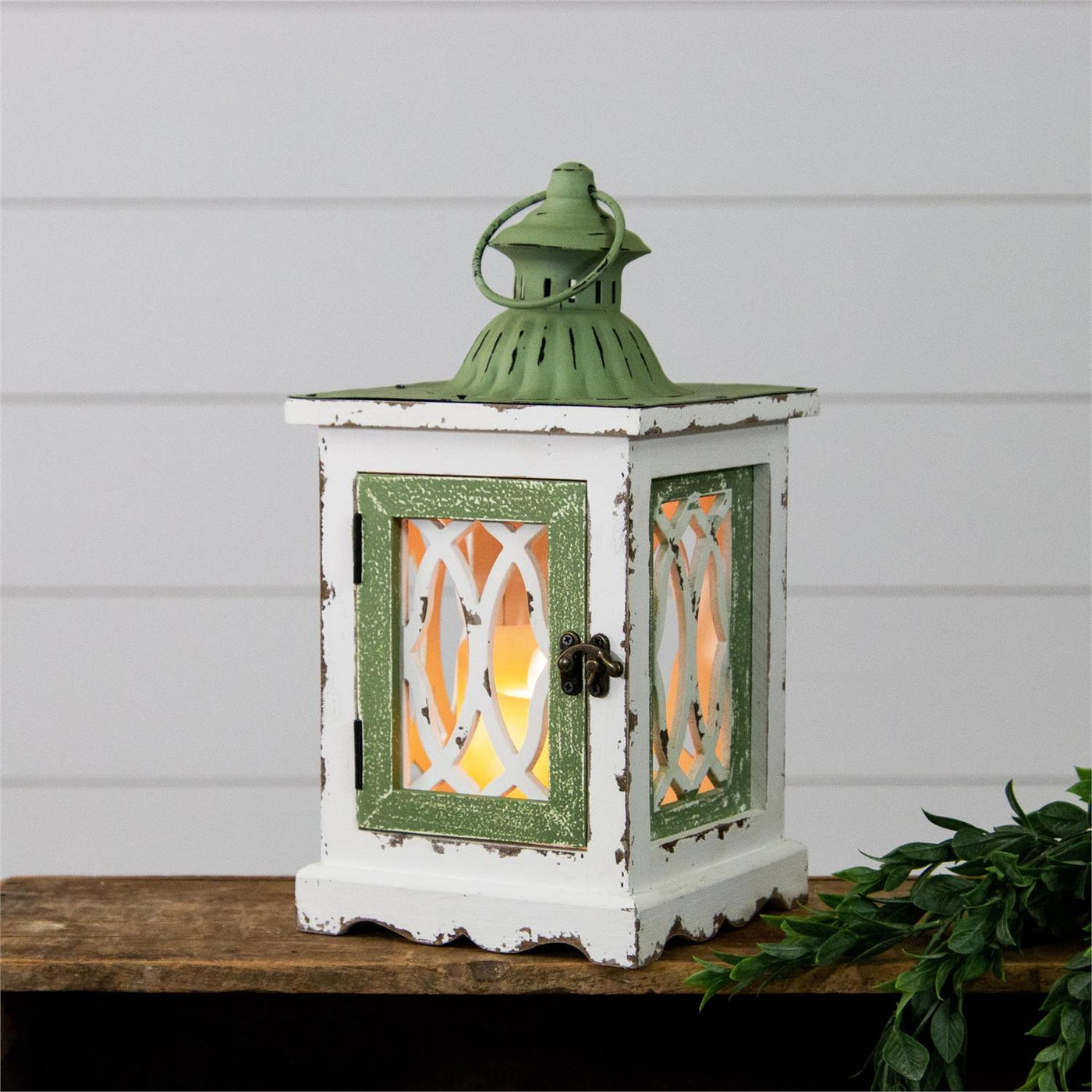 Rustic Distressed Green and White Lantern