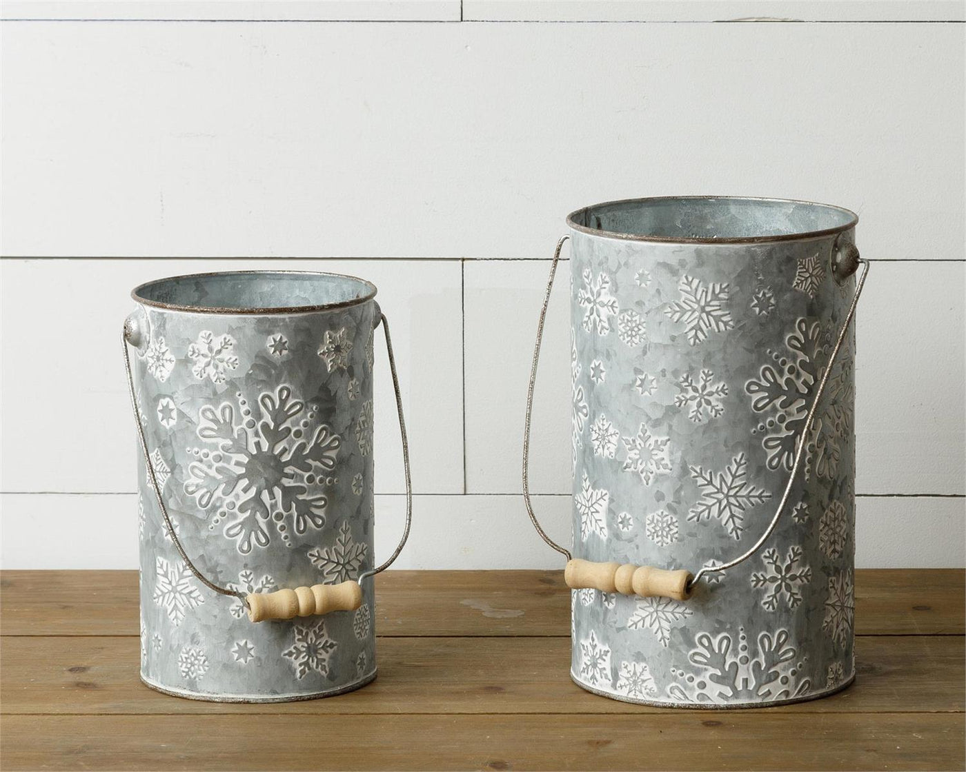 Set of 2 Embossed Snowflake Metal Pails