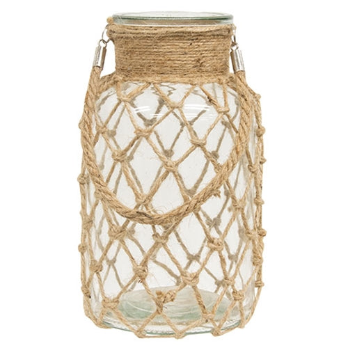 Coastal Glass Vase with Rope Net 10.5" H