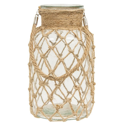 Coastal Glass Vase with Rope Net 10.5" H