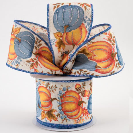 Orange and Teal Pumpkins Wired Fall Ribbon 2.5" x 10 yards
