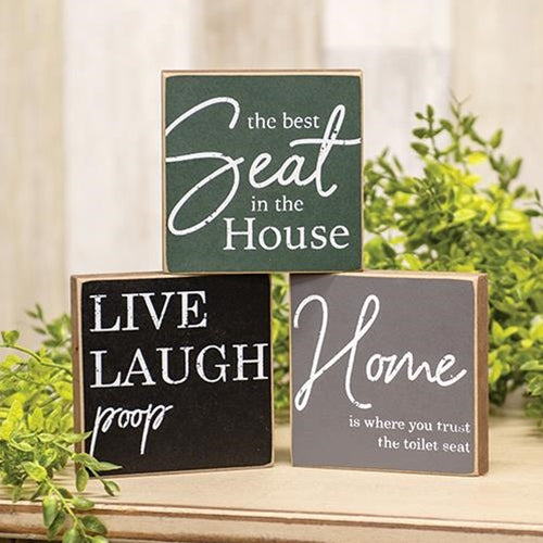 Set of 3 Humorous Bathroom 4" Wooden Block Signs