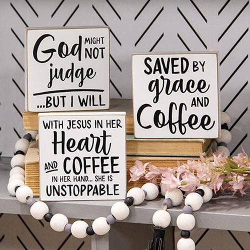 Set of 3 Saved by Grace and Coffee 4" Square Block Signs