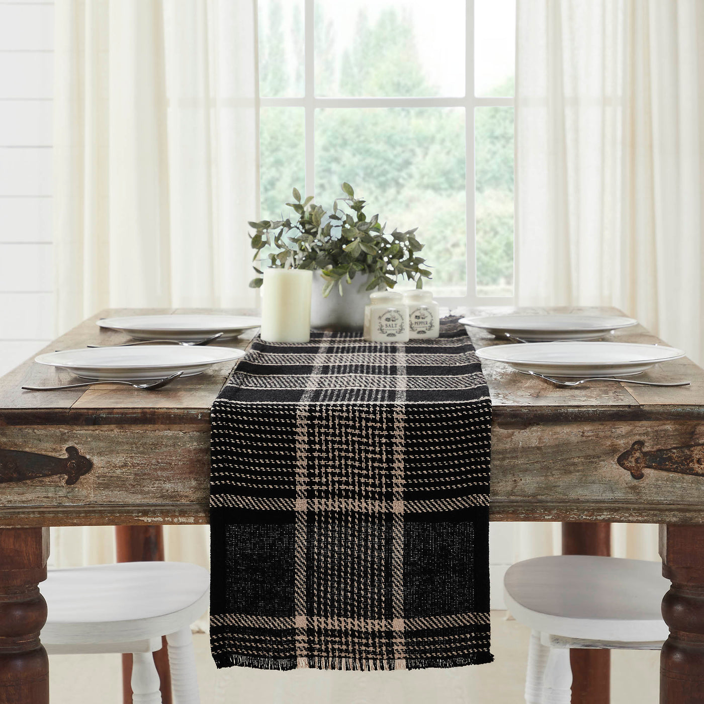 Eston Black Tan Plaid Table Runner 12" x 60"