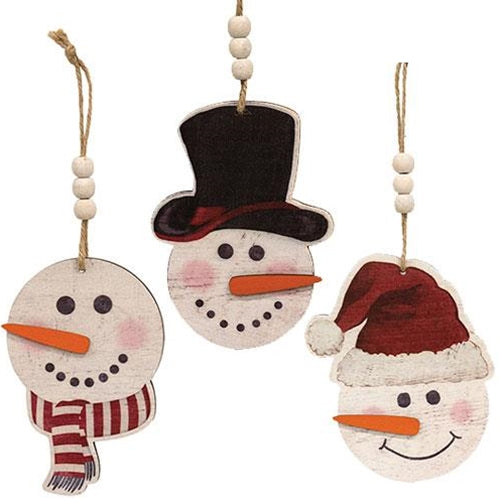 Set of 3 Weathered Wood Look Beaded Snowmen Ornaments