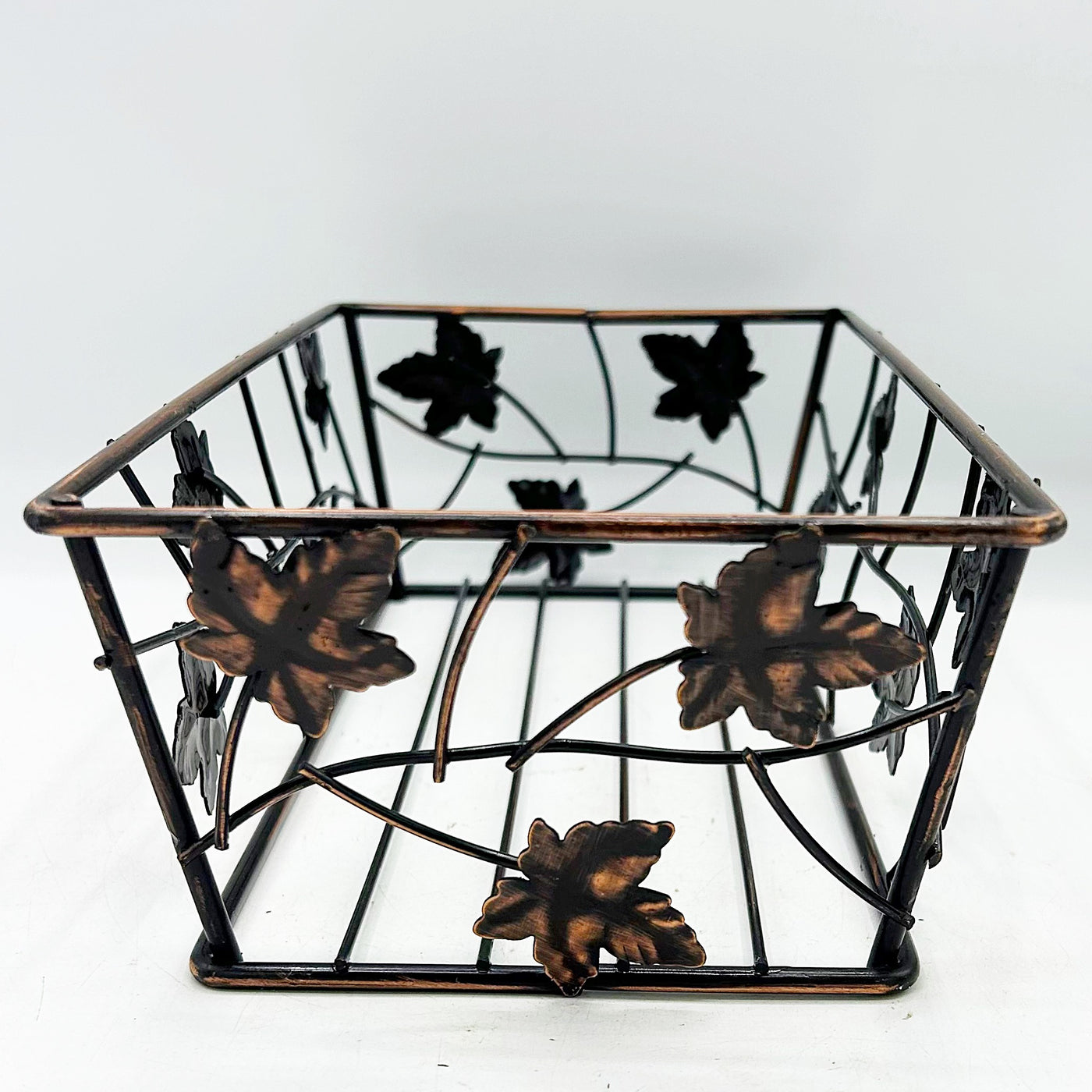 Copper-Toned Metal Basket with Leaf Accents – Blueberry Lane Shop