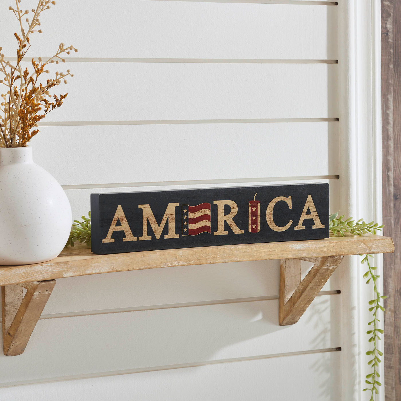 AMERICA Flag and Firecracker 14" Block Sign