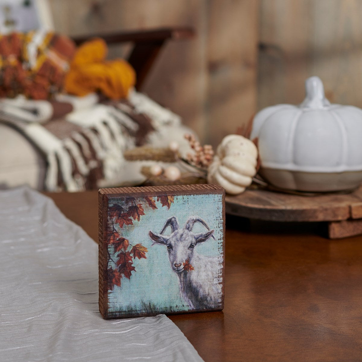 Fall Goat 4" Small Wooden Block Sign