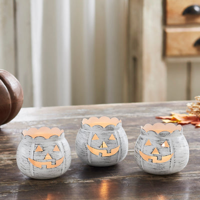 Set of 3 Jack-O-Lantern Distressed White Candle Holders