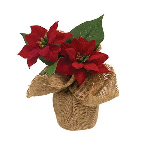 💙 Christmas Faux Red Poinsettias in Burlap Base 8" H