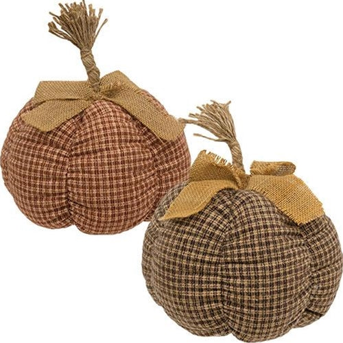 Set of 2 Large Country Plaid Fabric Pumpkin