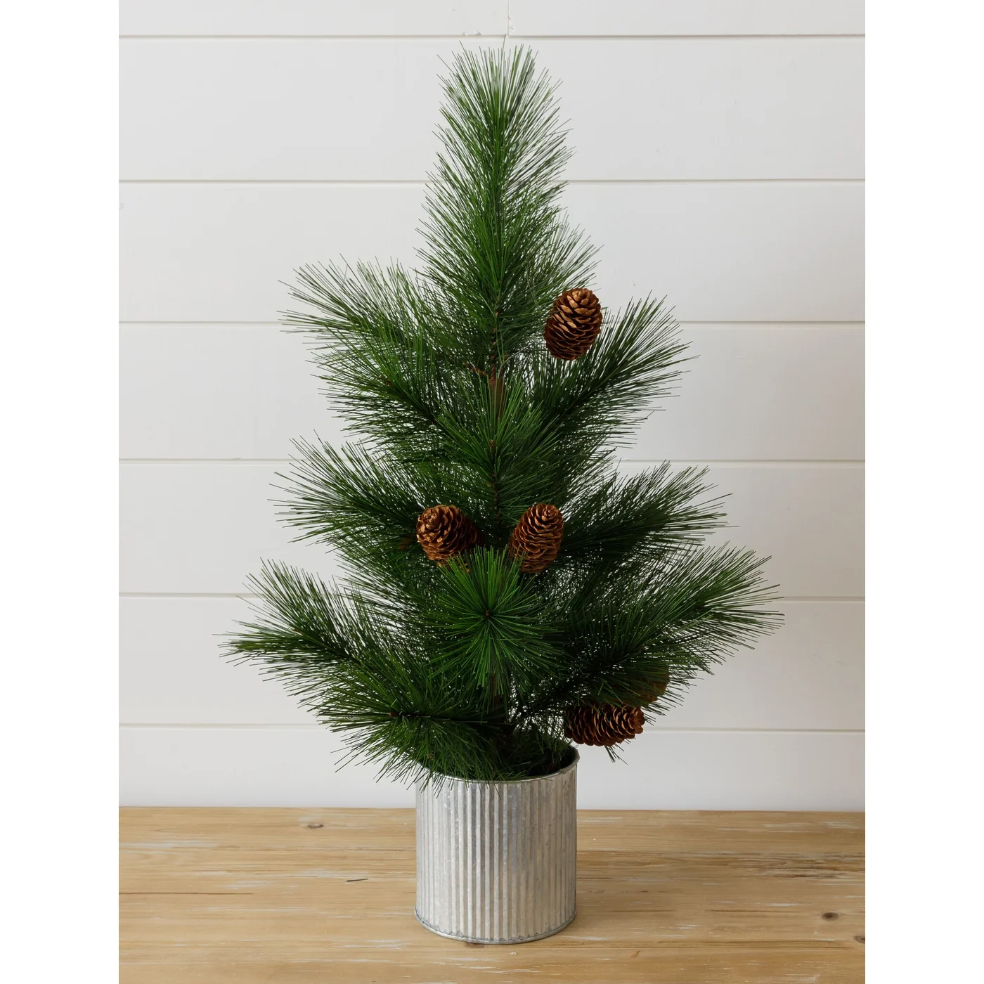 White Faux Pine Tree With Pinecones In Metal Pot 25" H