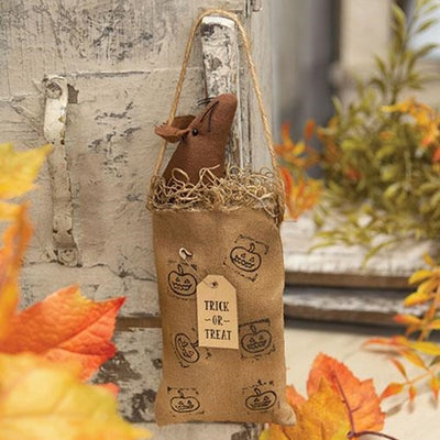 💙 Primitive Mouse in Jack O Lantern Bag Hanging