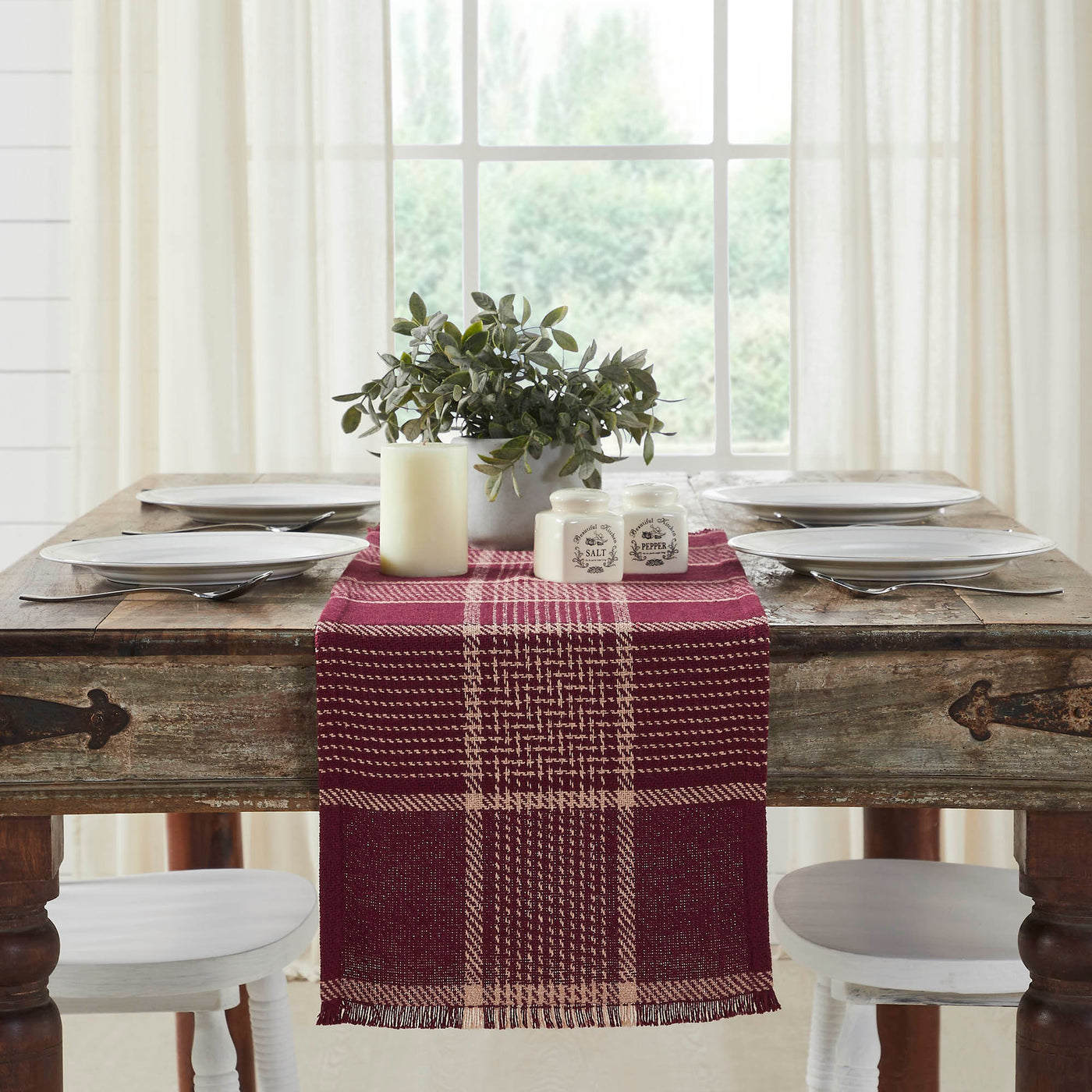 Eston Burgundy Tan Plaid 36" Table Runner