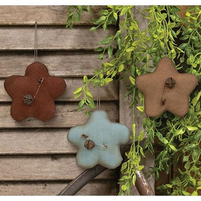 💙 Set of 3 Primitive Flower with Rusty Jingle Bell Ornaments