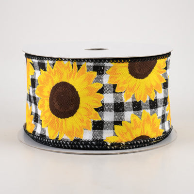 Sunflowers on Black & White Check Ribbon 2.5" x 10 yards