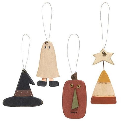 💙 Set of 4 Primitive Wooden Halloween Ornaments