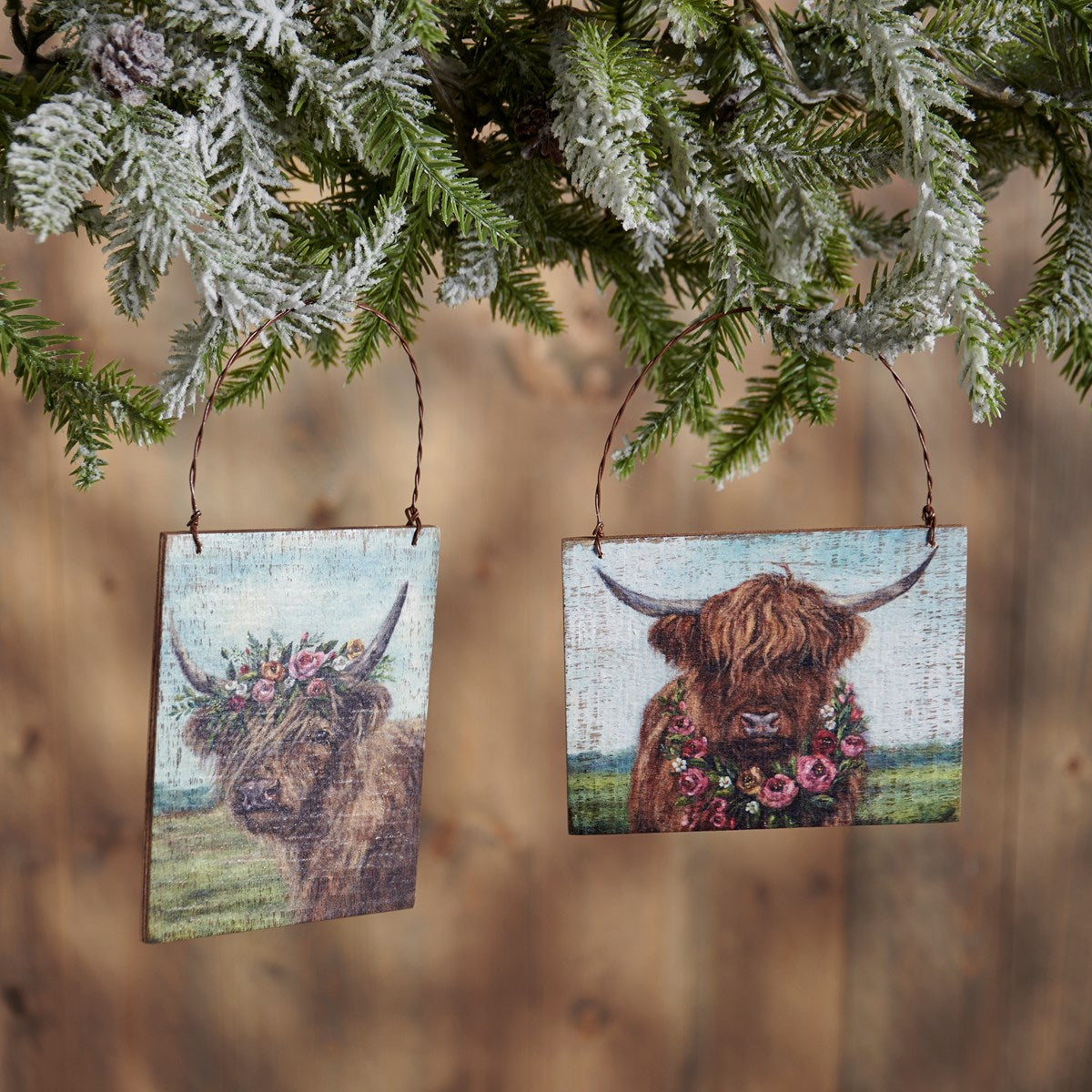 Floral Highland Cows Ornament Set of 2