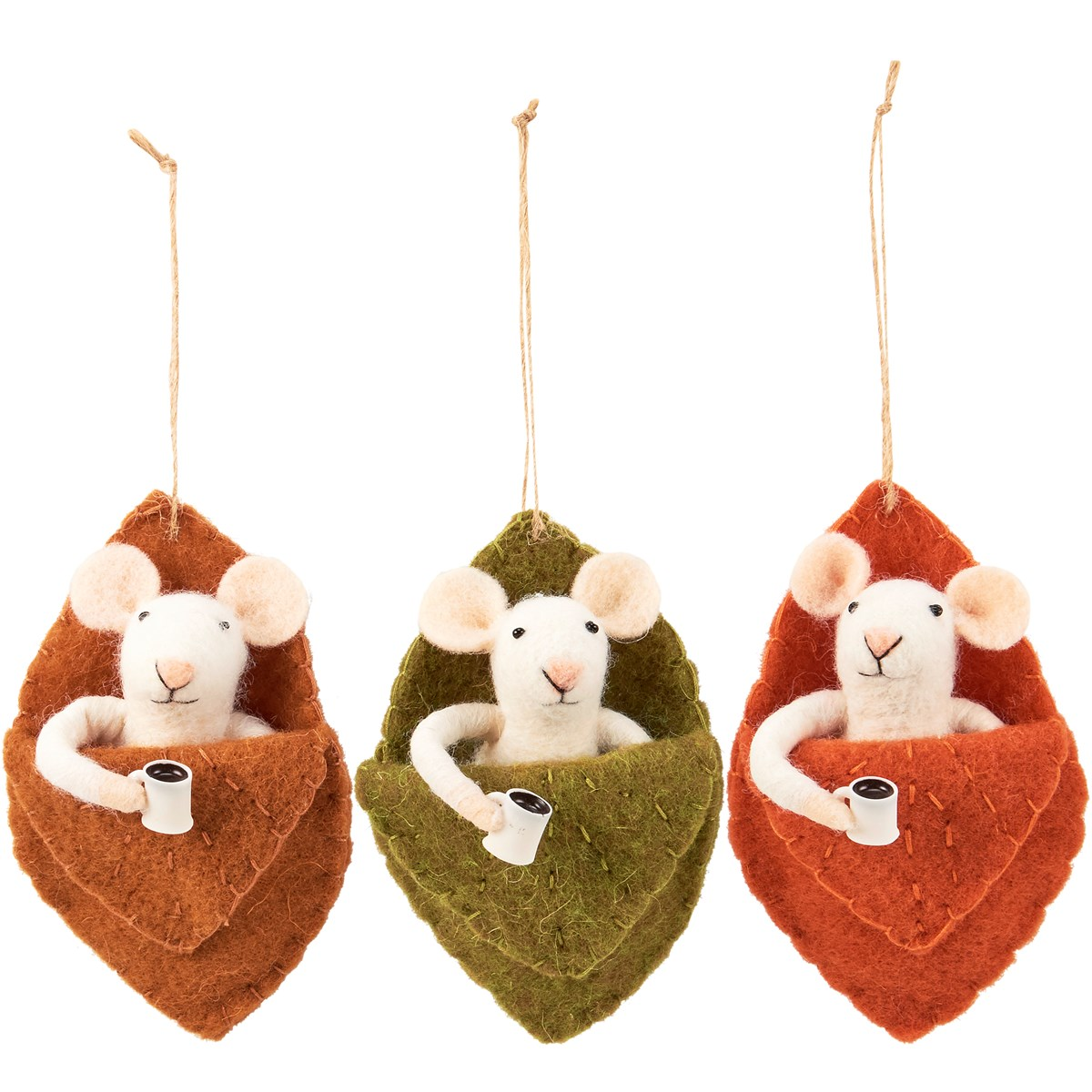 Set of 3 Mice In Leaves Felt Critter Ornaments