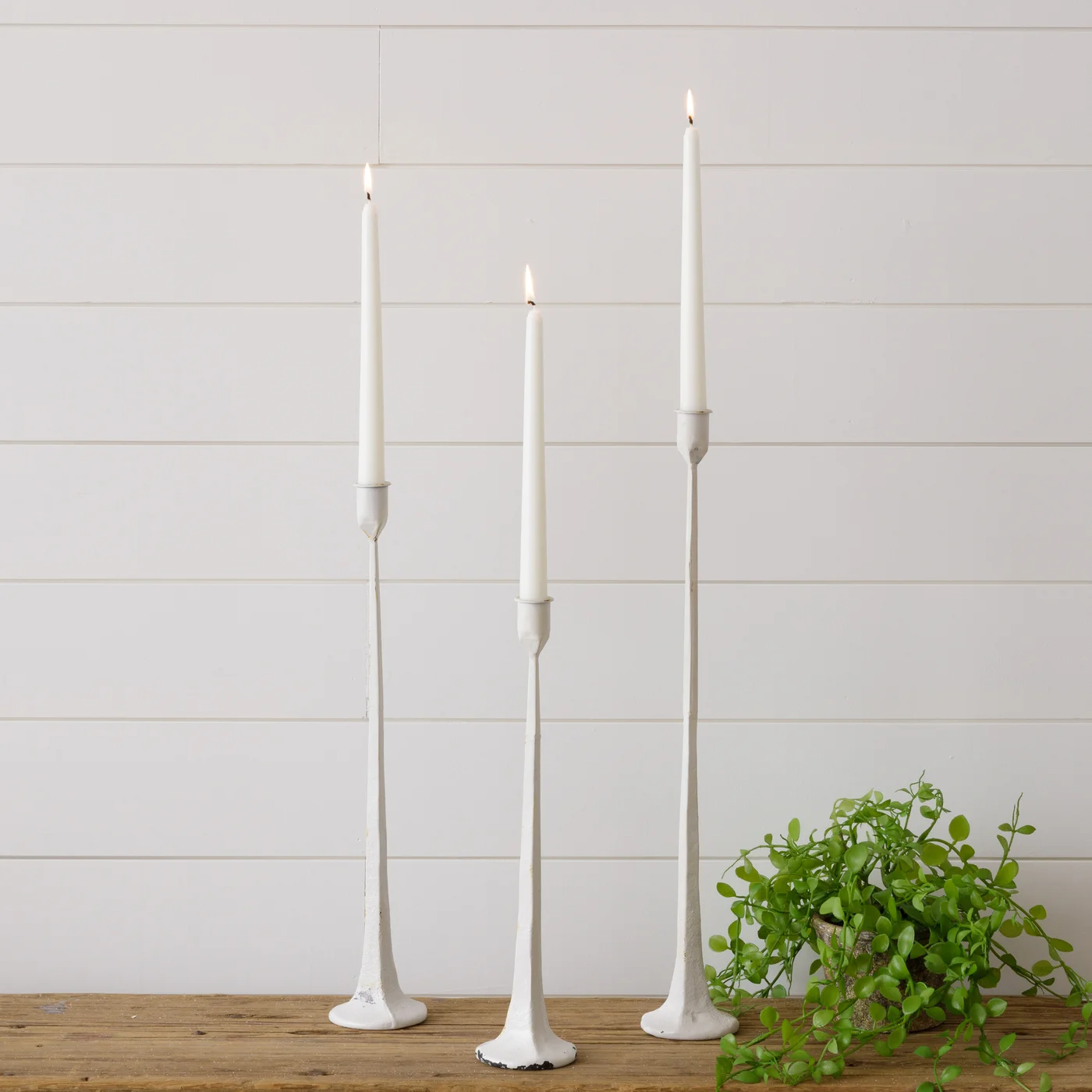 Set of 3 White Hand Forged Metal Candle Holders