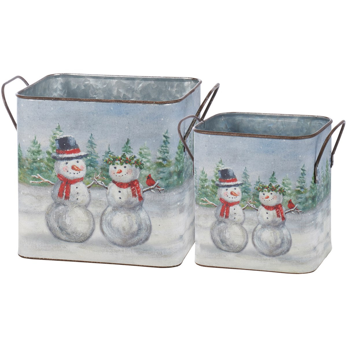 Set of 2 Snow Family Snowmen Winter Scene Metal Bins